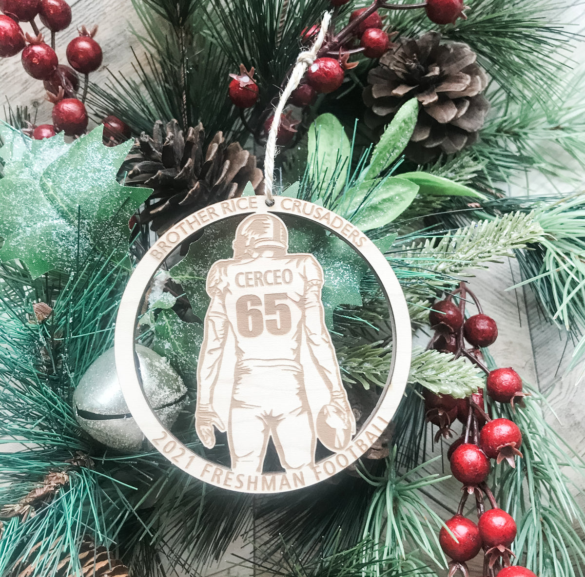 Custom Engraved Football Silhouette Player Wood Ornament Sugar Locks