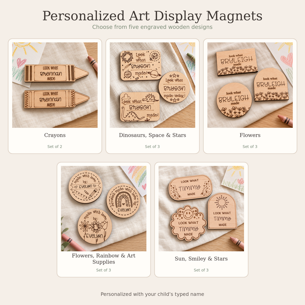 Personalized wooden art display magnet sets in five design options