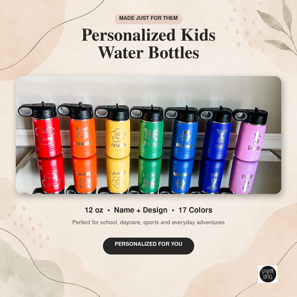 Personalized 12 oz kids water bottles in multiple colors with custom engraved names and designs