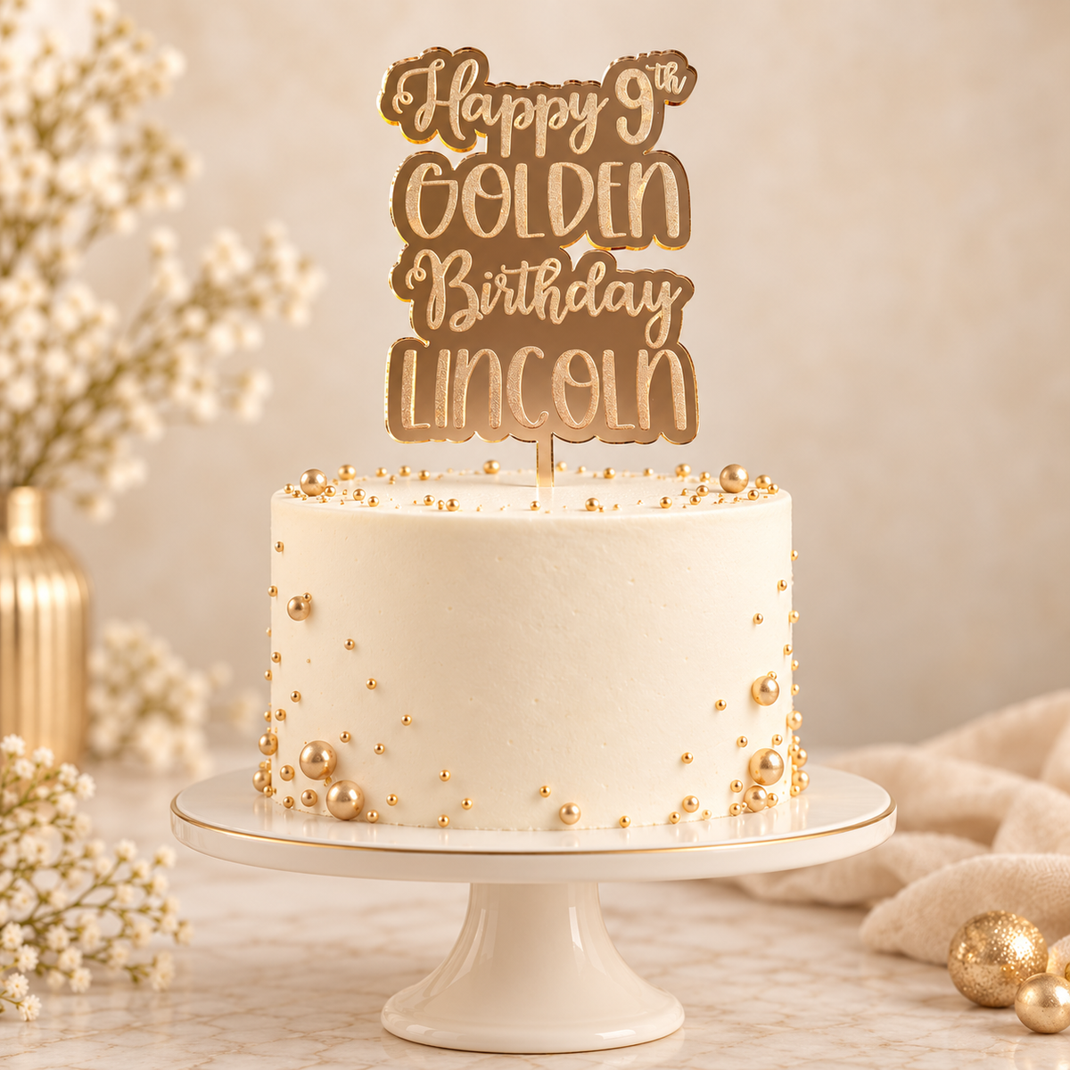 Personalized Golden Birthday Gold Mirror Acrylic Cake Topper