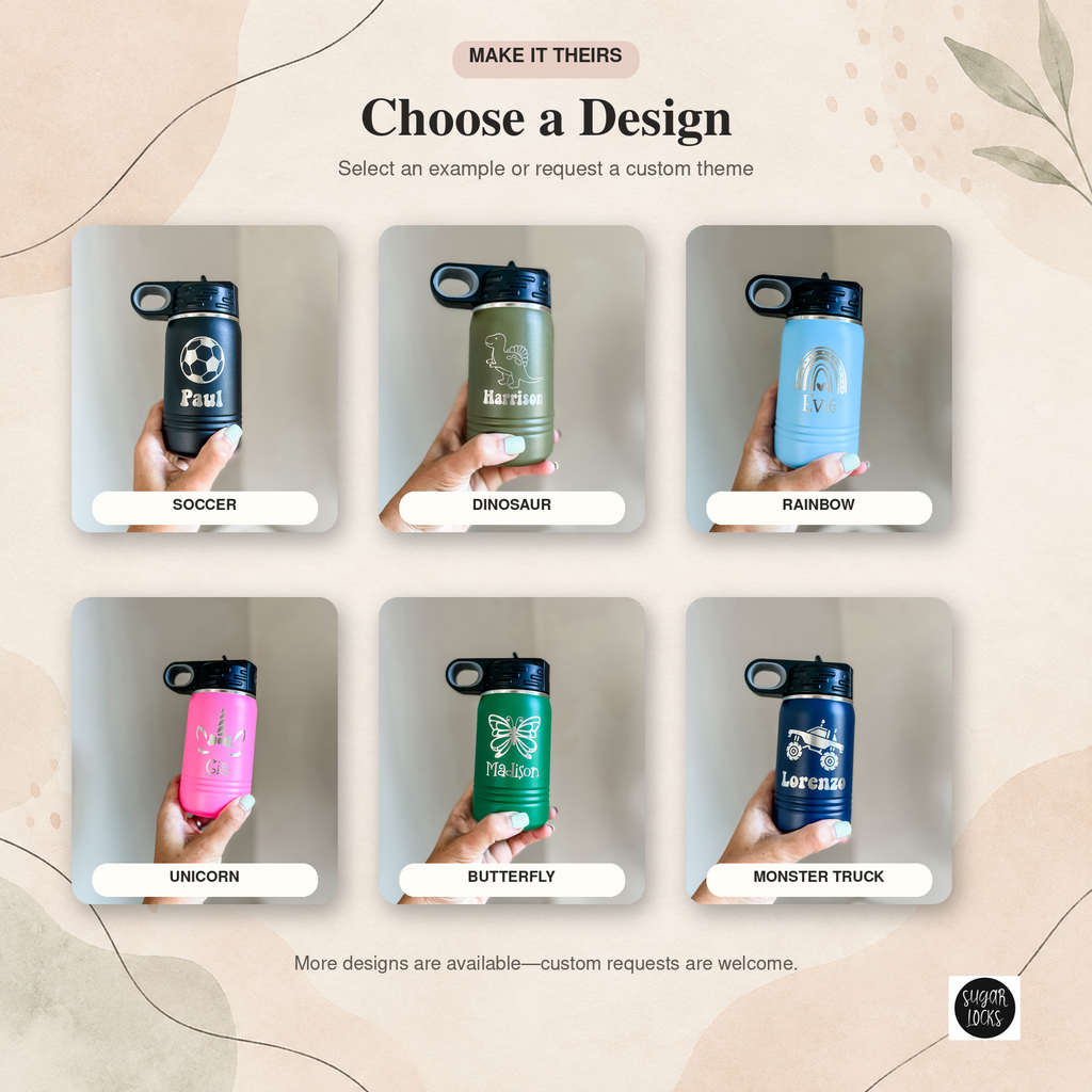 Personalized kids water bottle design choices including soccer, dinosaur, rainbow, unicorn and butterfly