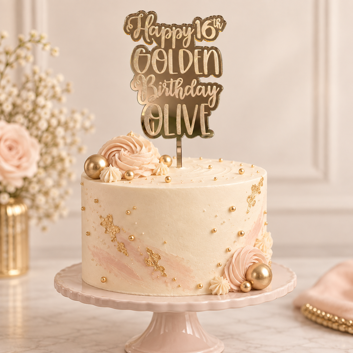 Personalized Golden Birthday Gold Mirror Acrylic Cake Topper