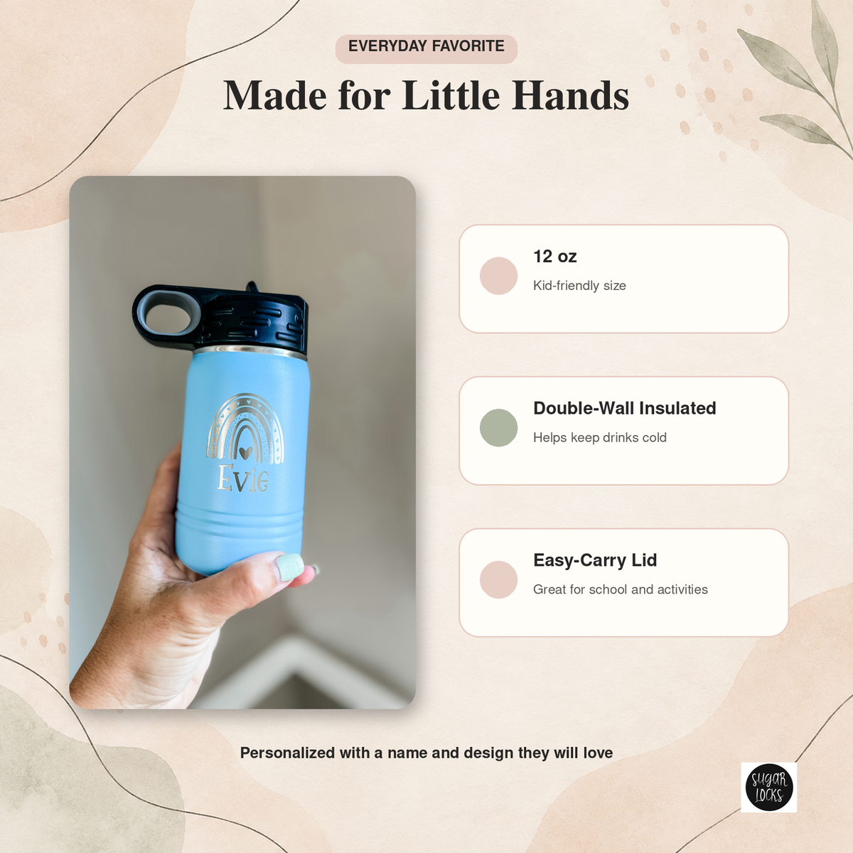 Personalized 12 oz insulated kids water bottle with an easy-carry lid and custom engraved name
