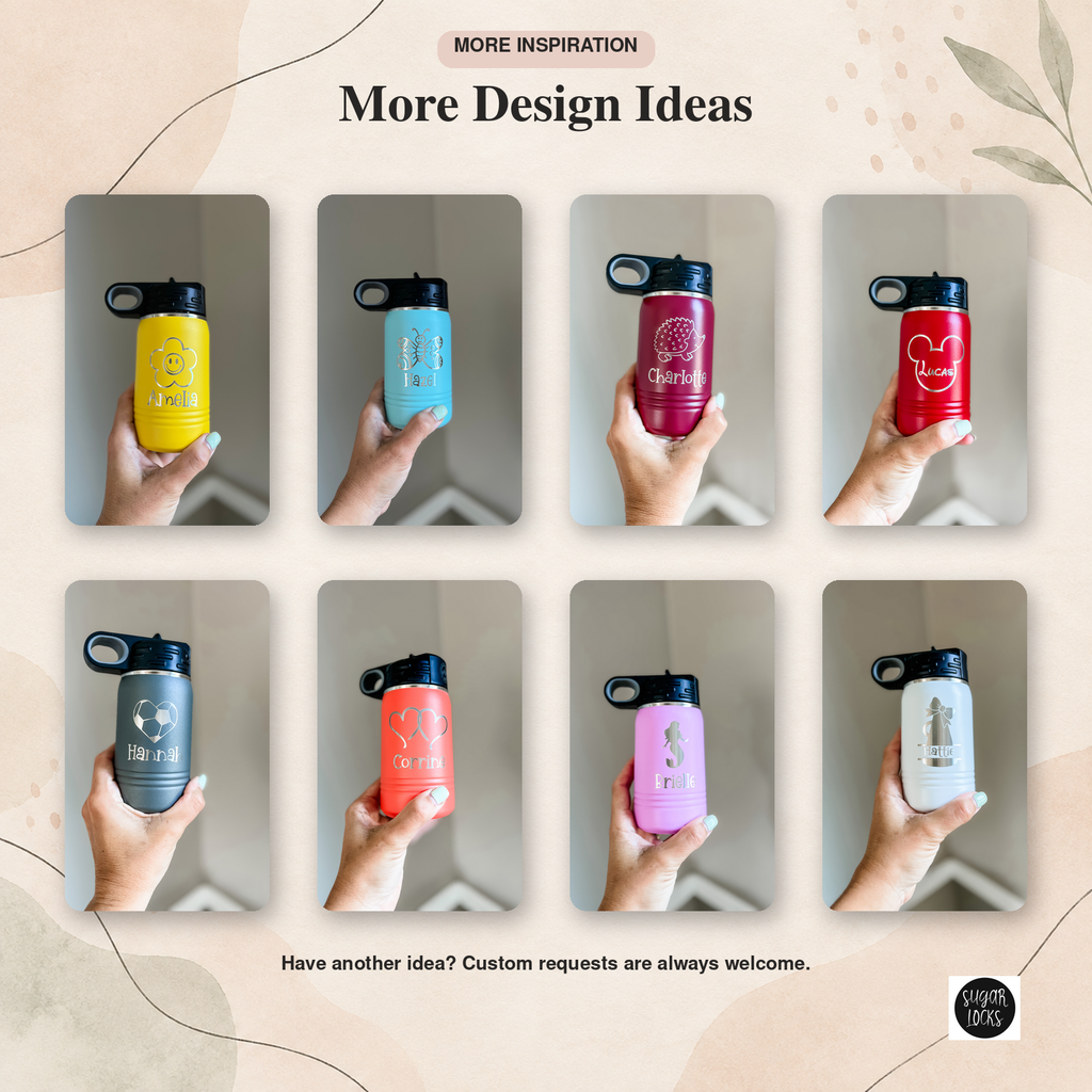Custom engraved kids water bottle examples featuring animals, sports, hearts, flowers and mermaids