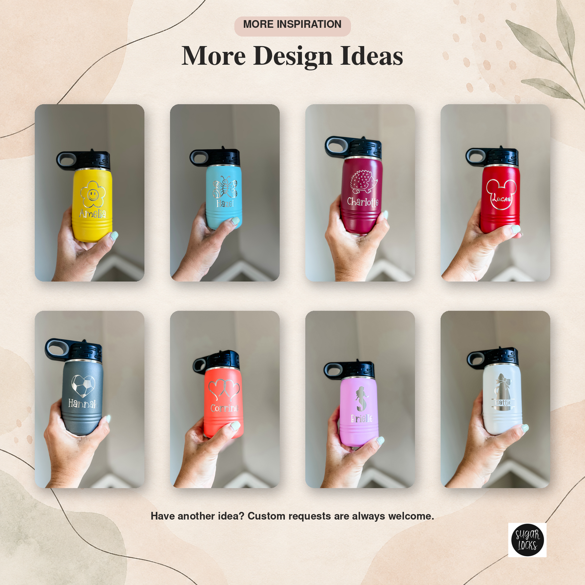 Custom engraved kids water bottle examples featuring animals, sports, hearts, flowers and mermaids