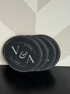 Set of 4 Leatherette Black-Silver Coasters