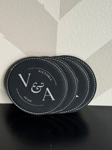 Set of 4 Leatherette Black-Silver Coasters