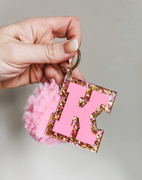 Initial acrylic keychains with Poms