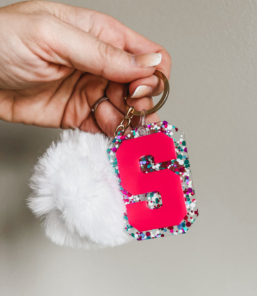 Initial acrylic keychains with Poms
