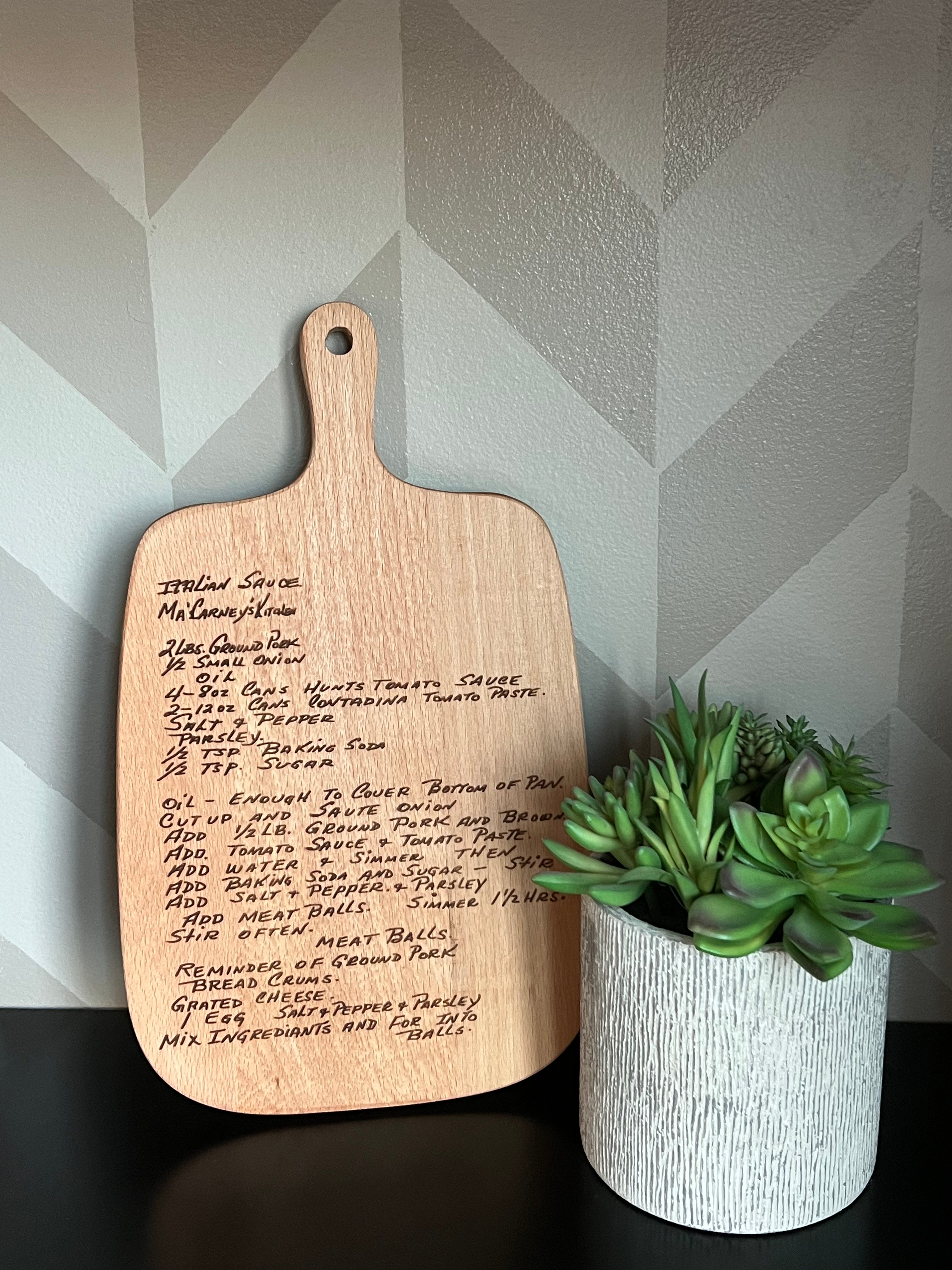 Custom handwritten personalized engraved long 2 sided recipe card board