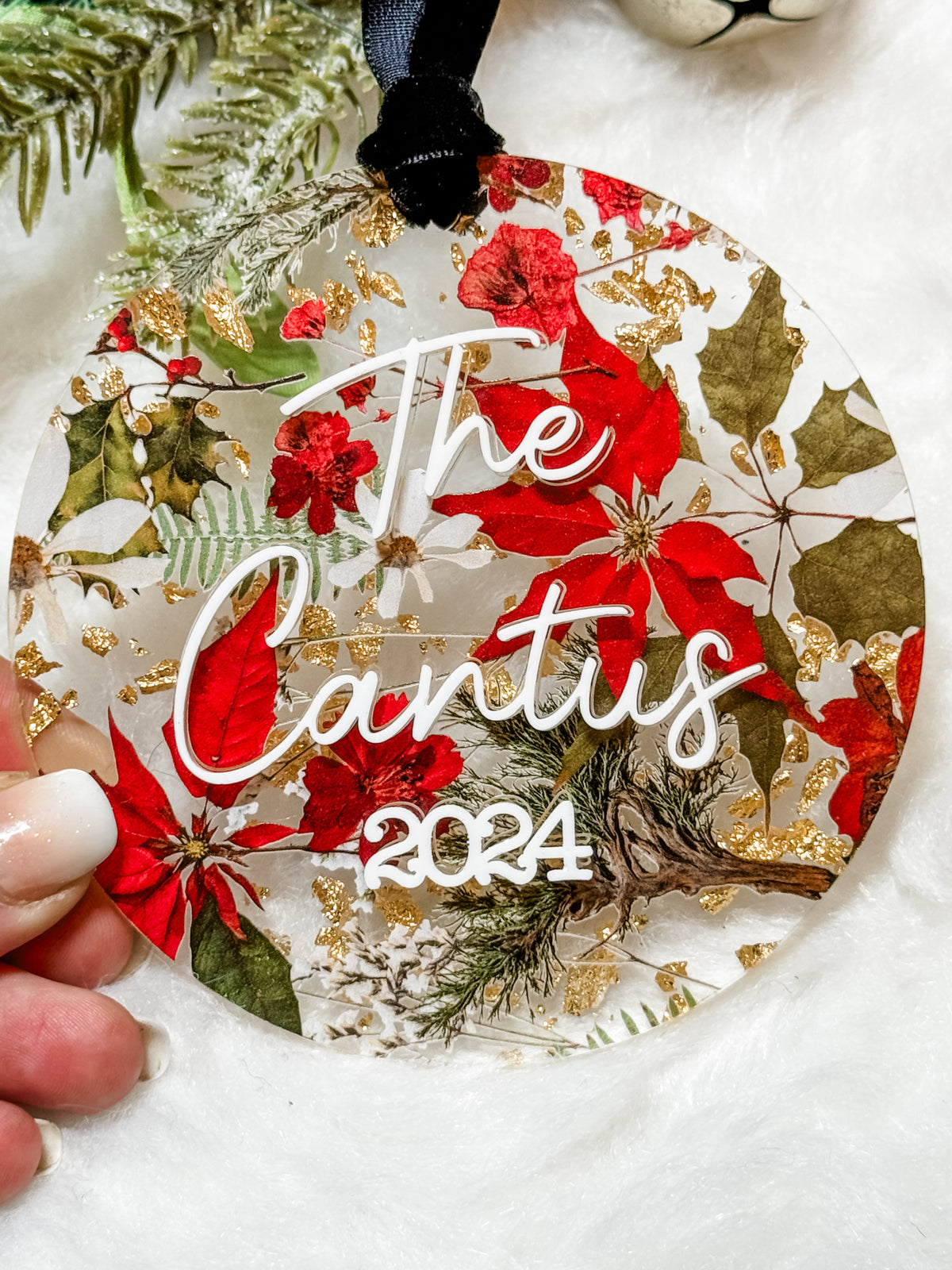 Christmas floral personalized acrylic ornament