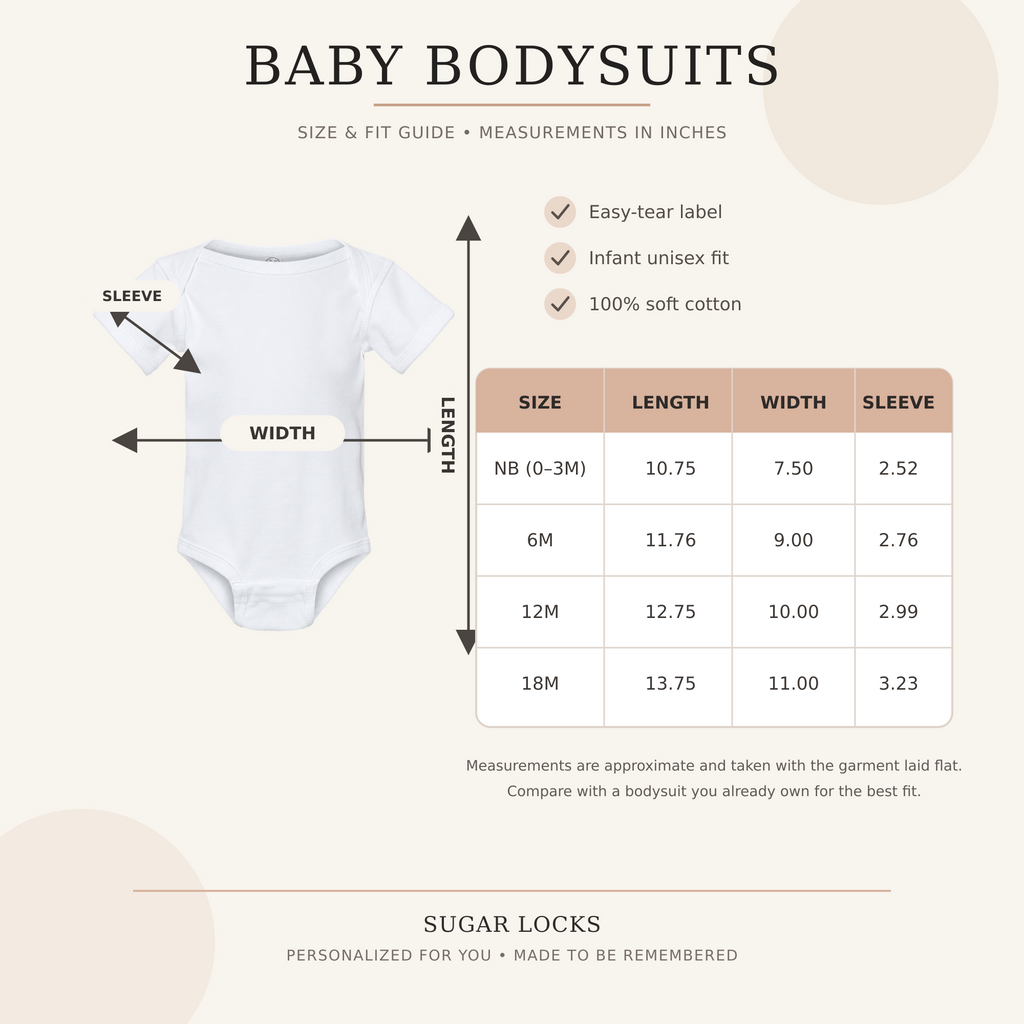 Sugar Locks baby bodysuit size chart