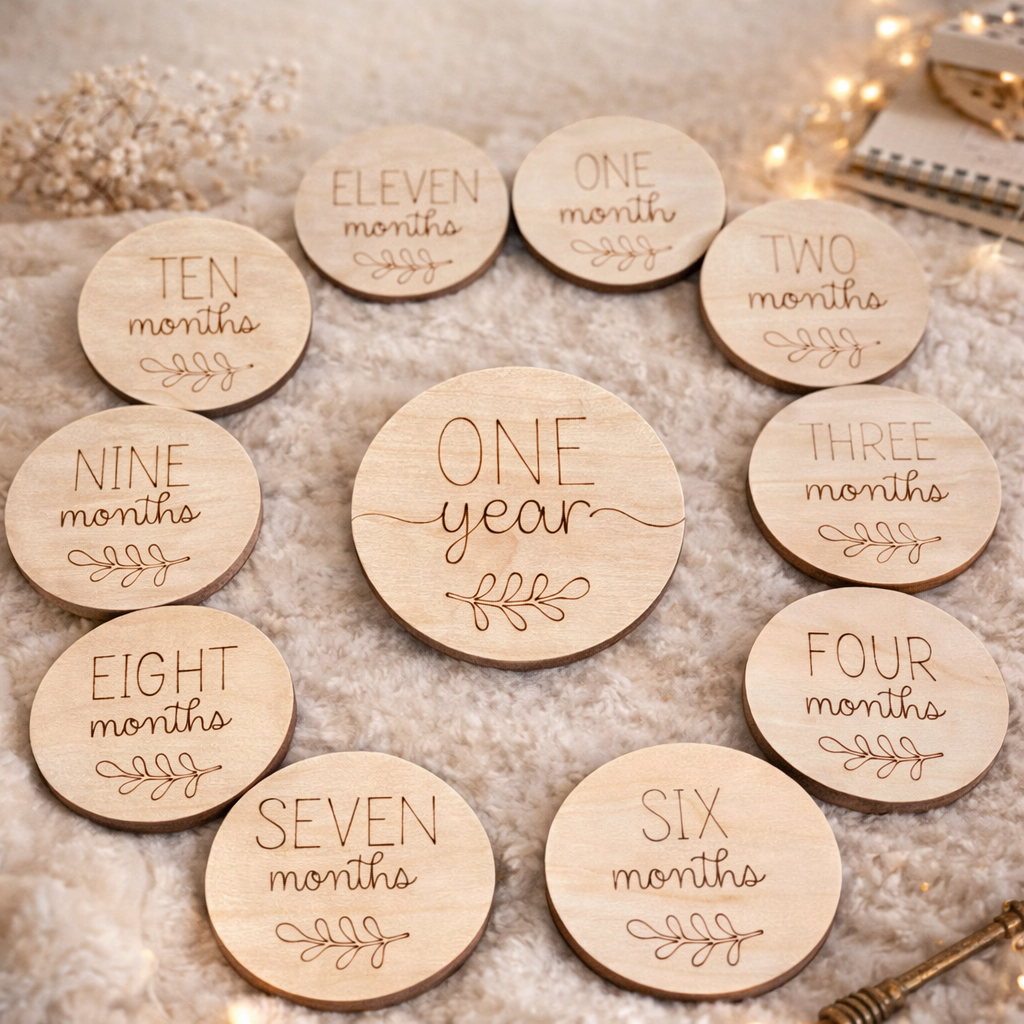 Baby Monthly Milestone Wood Rounds (1–12 Months) | Wooden Baby Milestone Markers | Baby First Year Photo Props | Newborn Keepsake Gift
