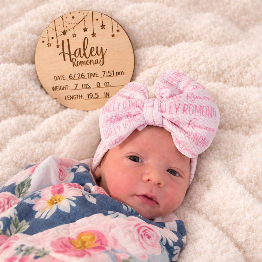 Newborn baby with personalized wooden name and birth-stats announcement round