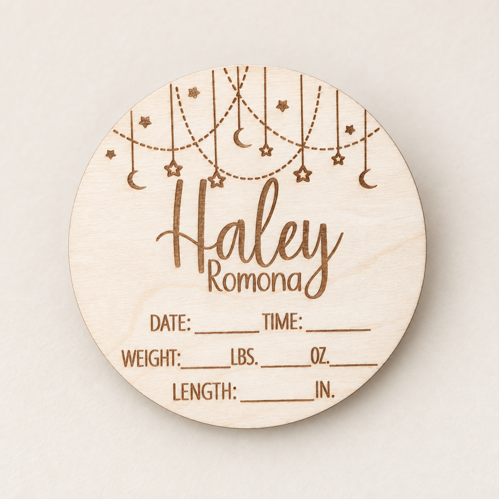 Personalized wooden fill-in baby birth-stats round