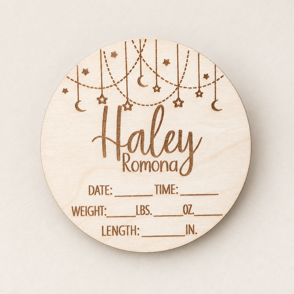 Personalized wooden fill-in baby birth-stats round