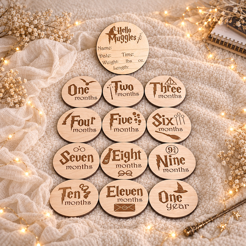 Complete 13-piece wizard-themed wooden baby milestone round set