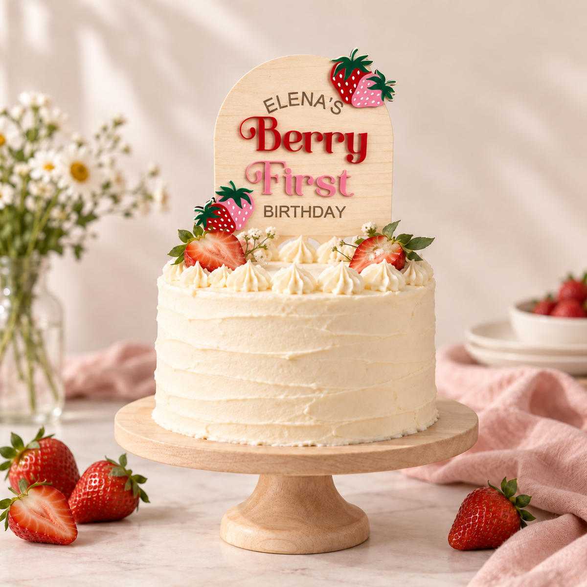 Personalized Berry First Birthday Cake Topper | Wood & Acrylic