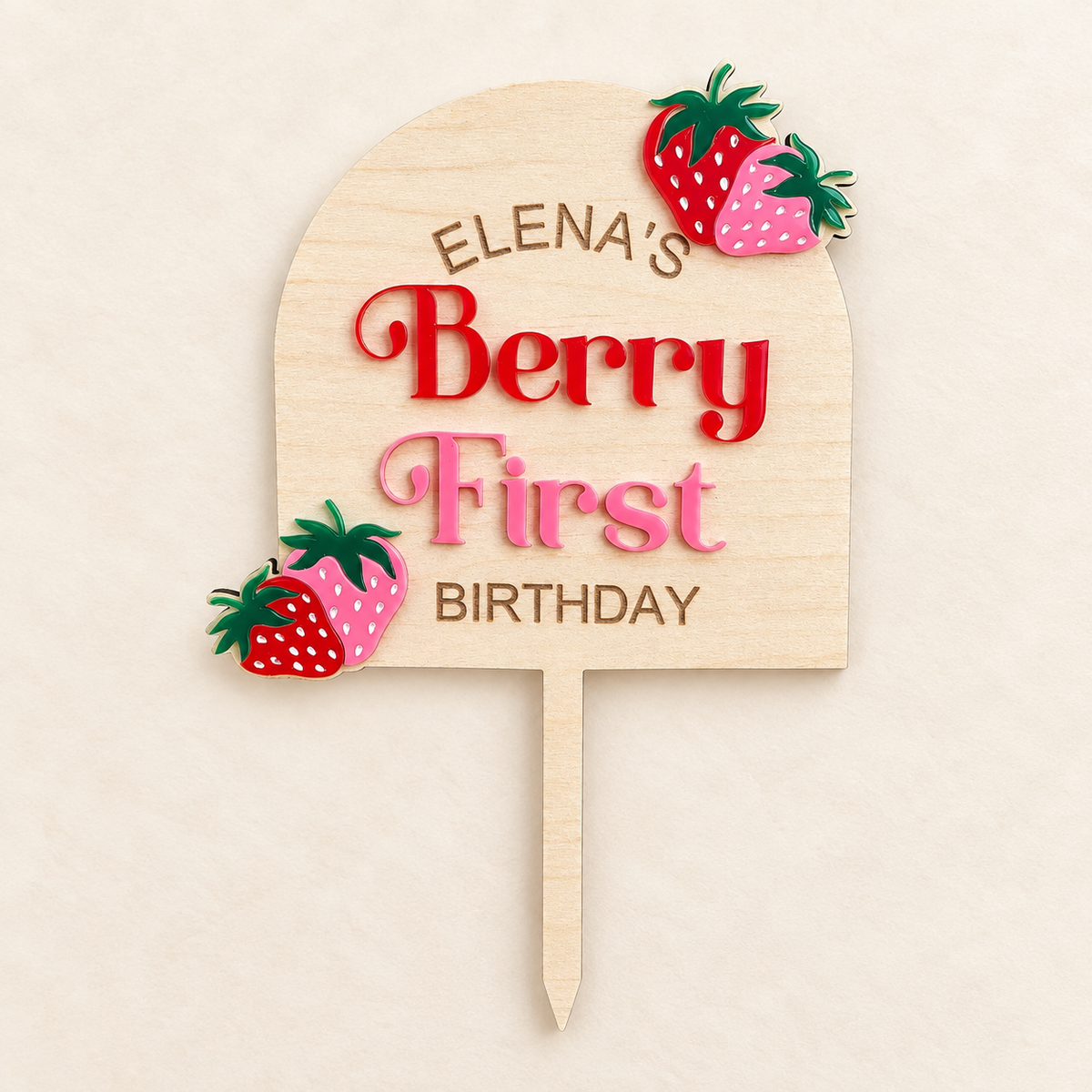 Personalized Berry First Birthday Cake Topper | Wood & Acrylic