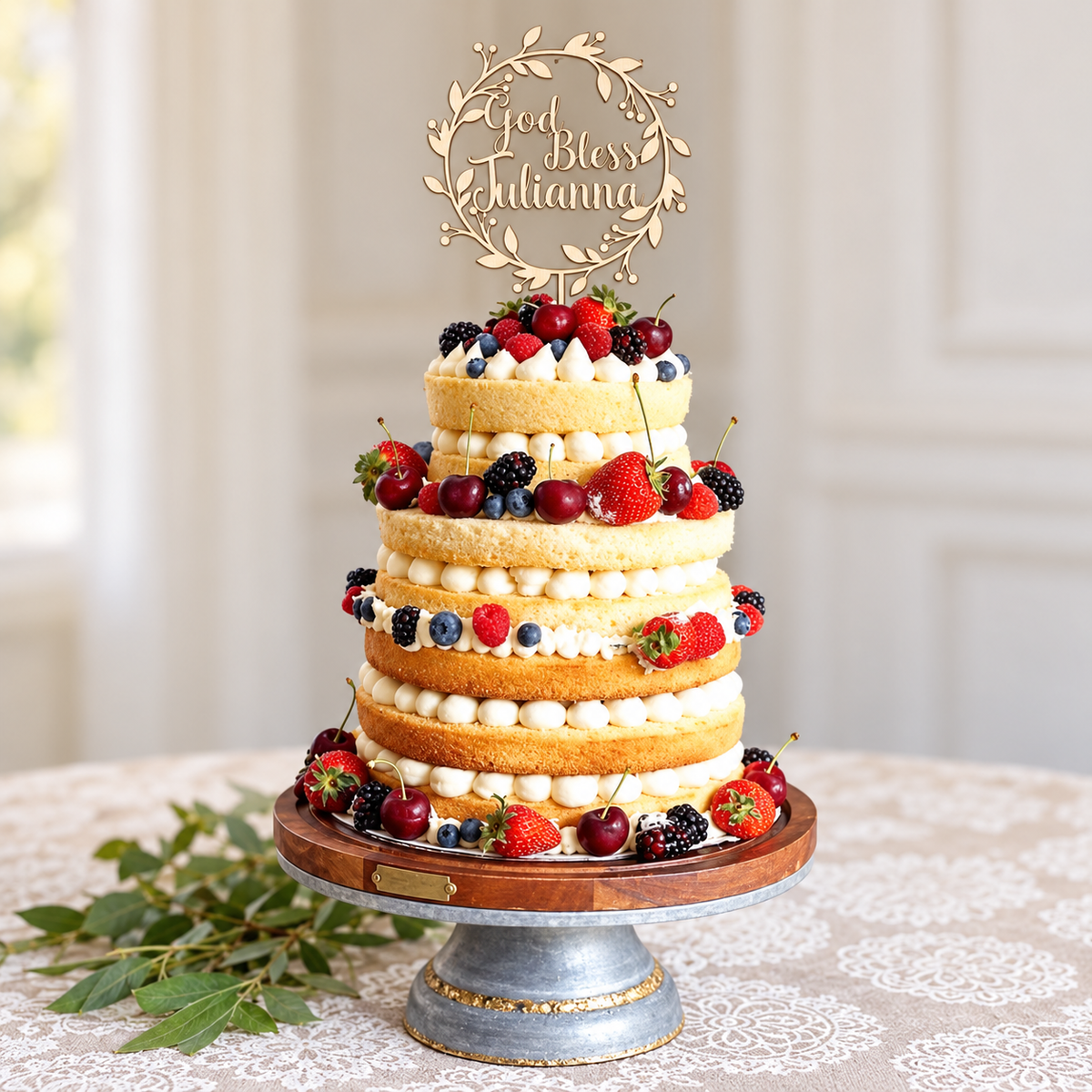 Personalized God Bless wood cake topper displayed on a baptism or First Communion cake