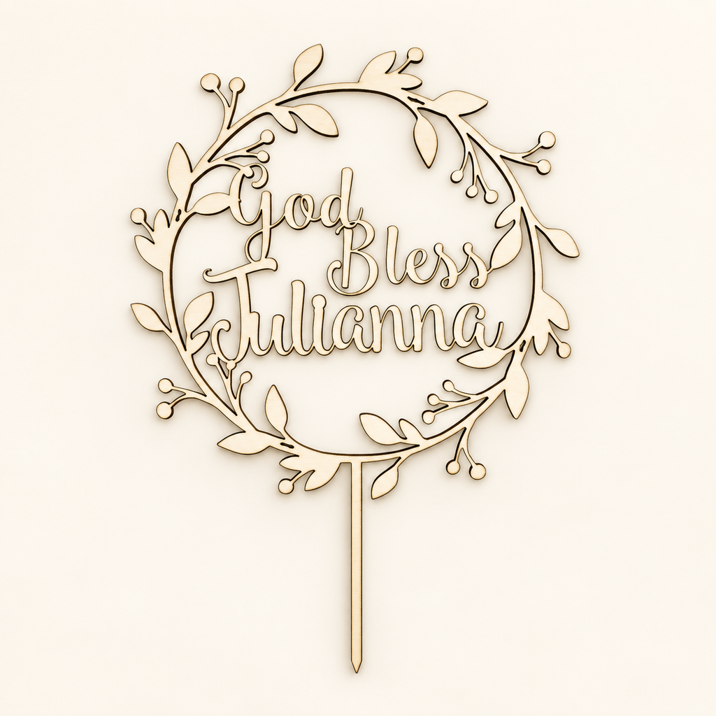Personalized God Bless wooden baptism cake topper with botanical wreath and custom name
