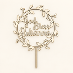 Personalized God Bless wooden baptism cake topper with botanical wreath and custom name