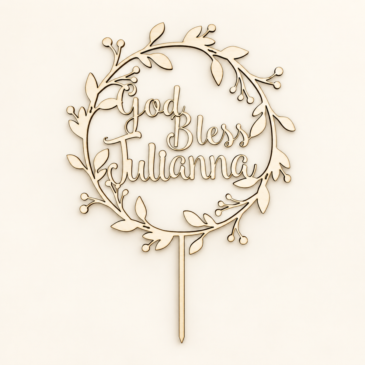 Personalized God Bless wooden baptism cake topper with botanical wreath and custom name