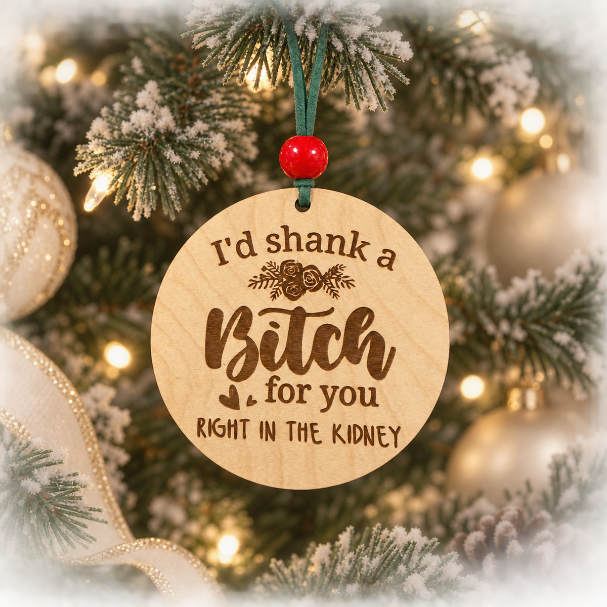 I'd Shank a B*tch for you right in the kidney Funny joke Round Wood Ornament