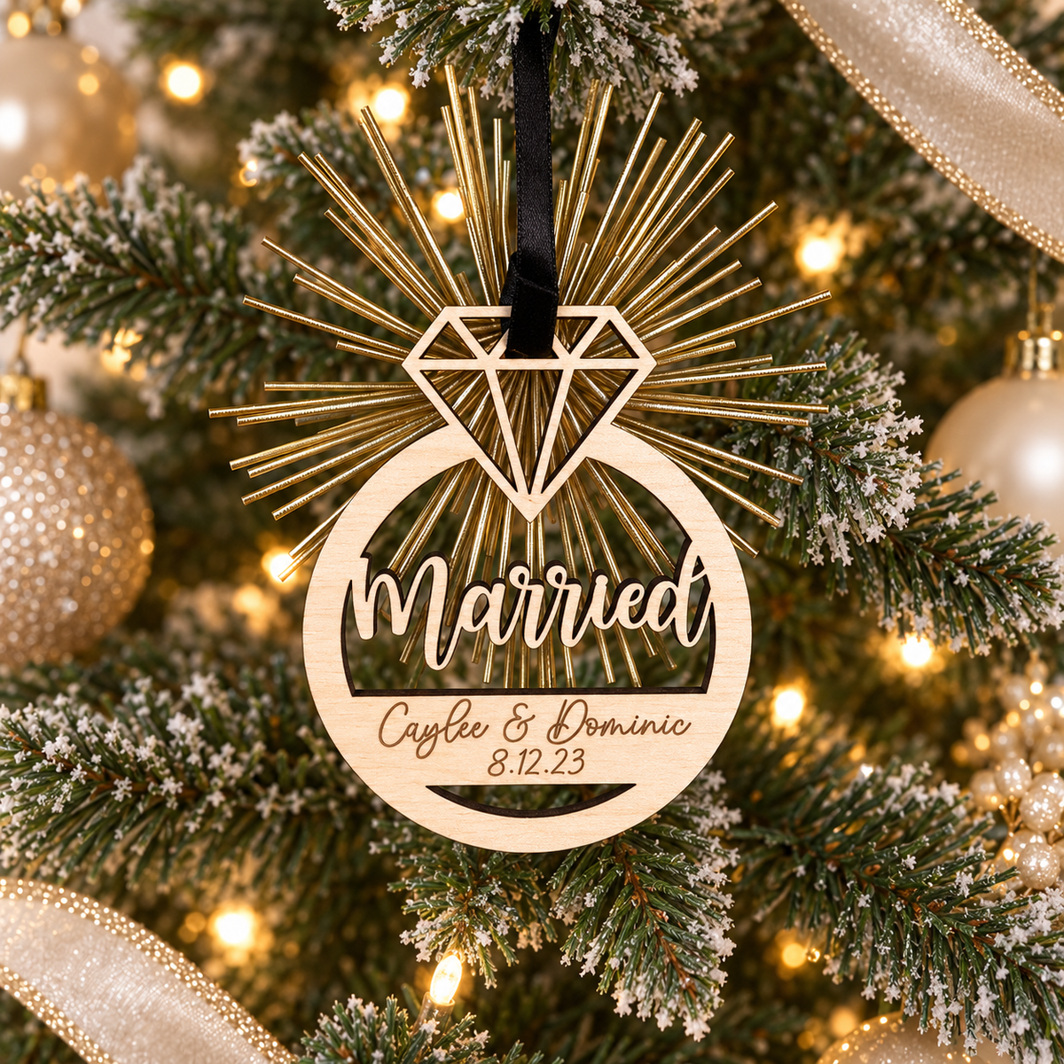 Personalized Married Wedding Ring Christmas Wood Ornament