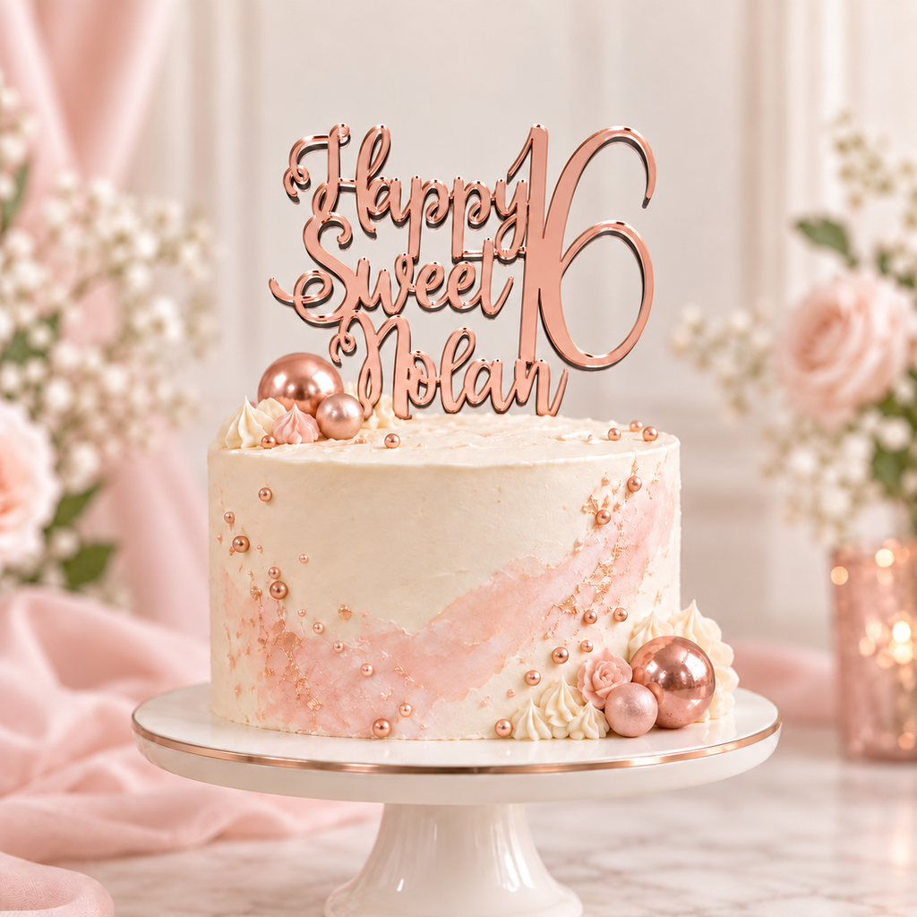 Personalized Sweet 16 Mirrored Acrylic Cake Topper