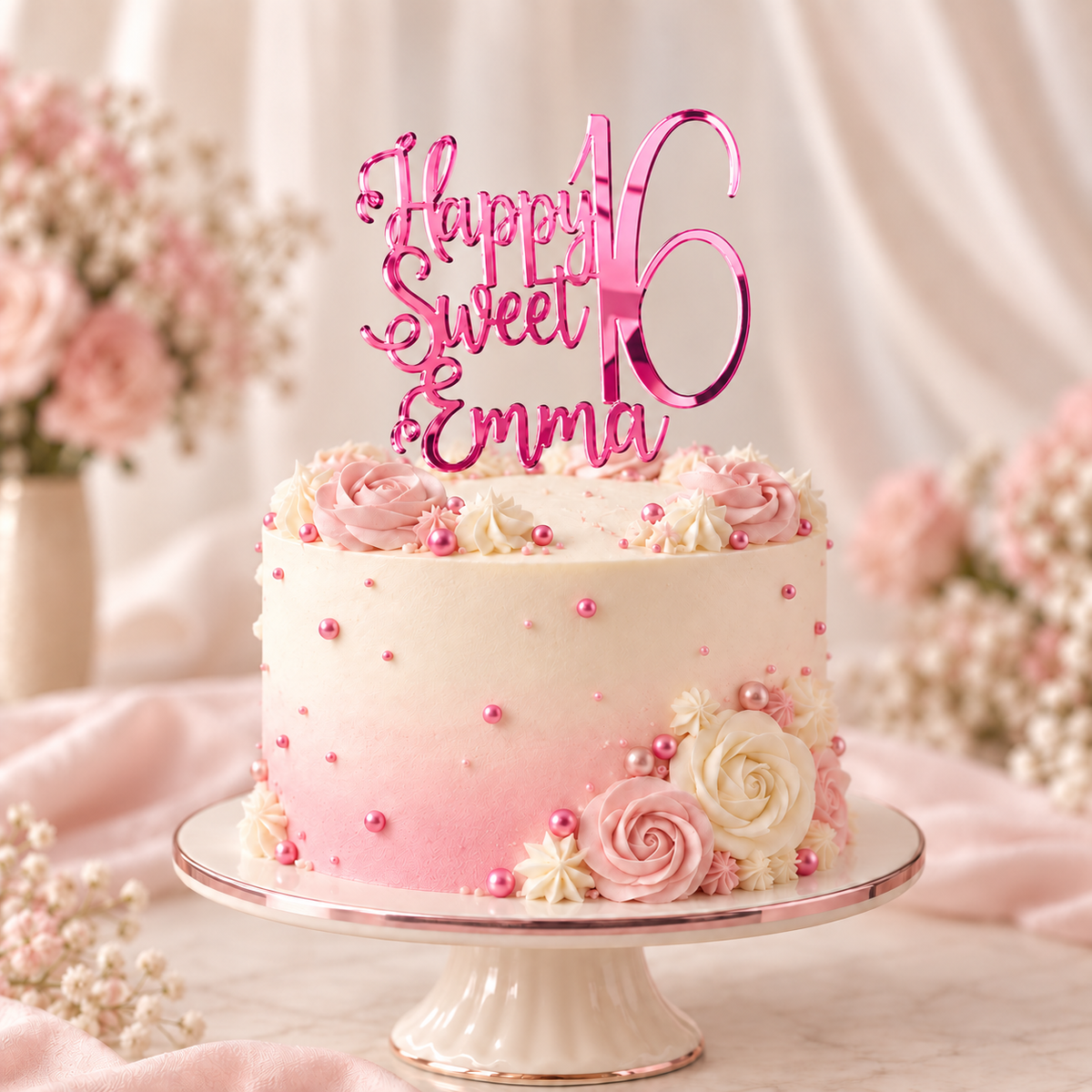 Personalized Sweet 16 Mirrored Acrylic Cake Topper