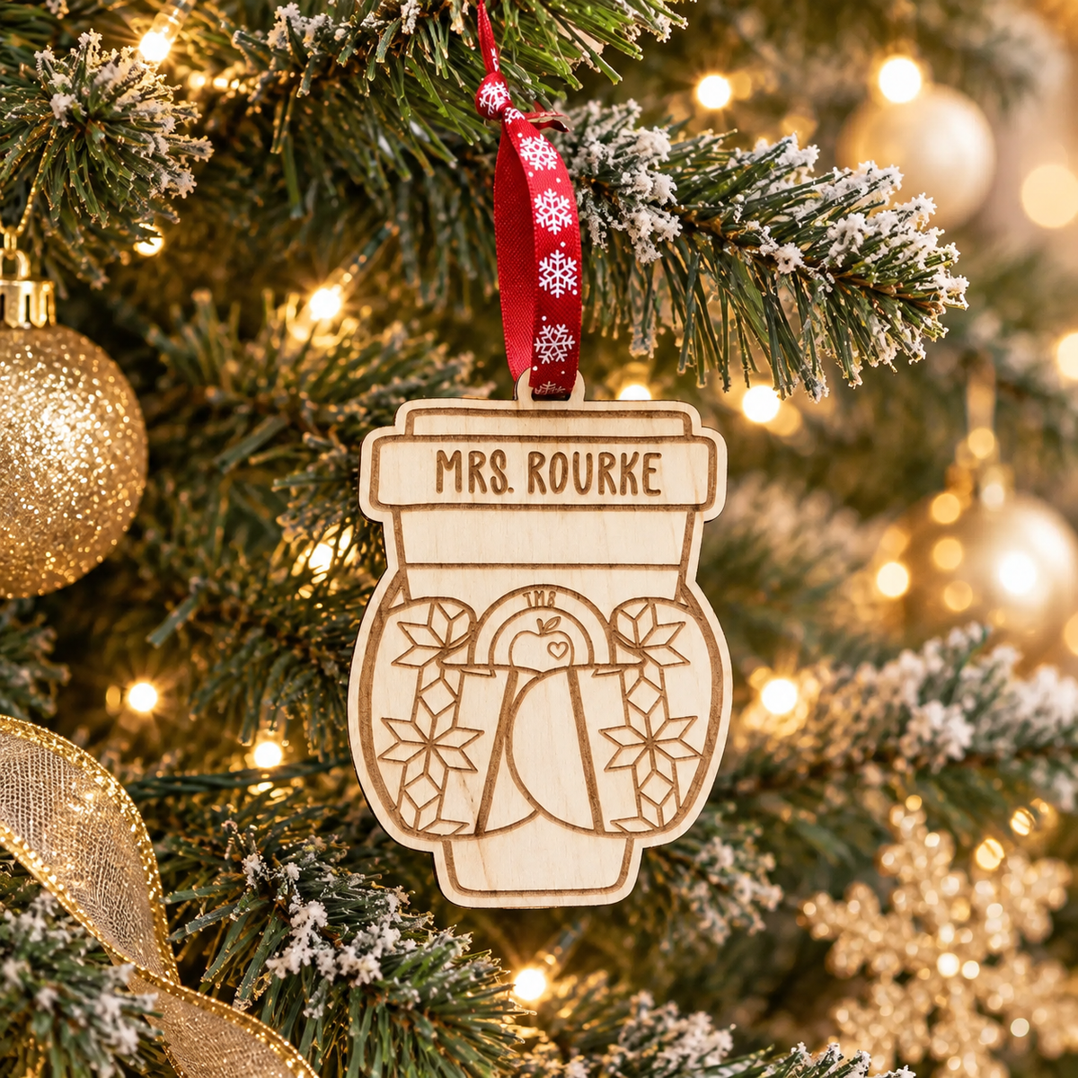 Teacher Coffee Mug and Mittens Personalized Wood Ornament