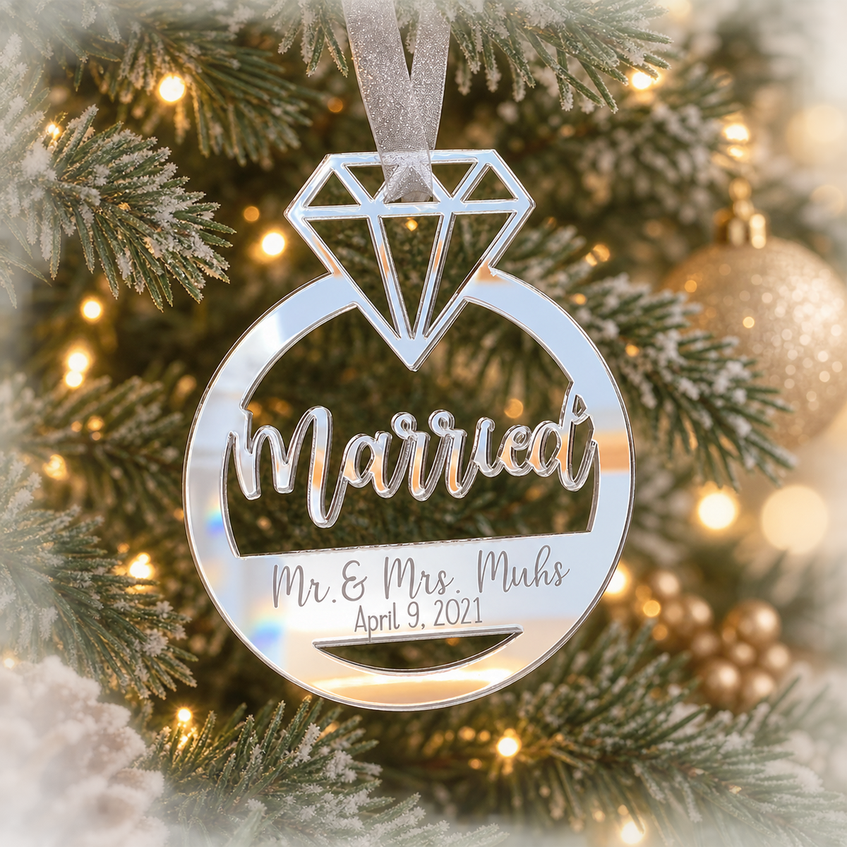 Married Acrylic Personalized Ornament Choose silver or gold acrylic