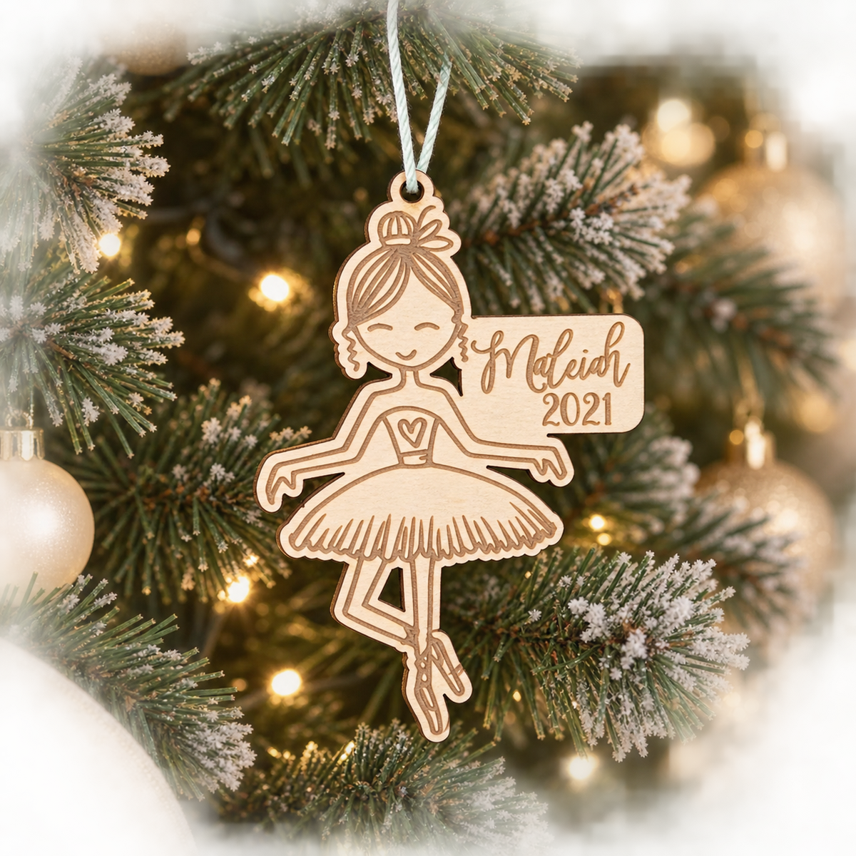Adorable Hand drawn Ballerina Personalized Wood Christmas Ornament