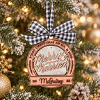 Personalized First Christmas as Mr. and Mrs. layered ornament hanging on a Christmas tree