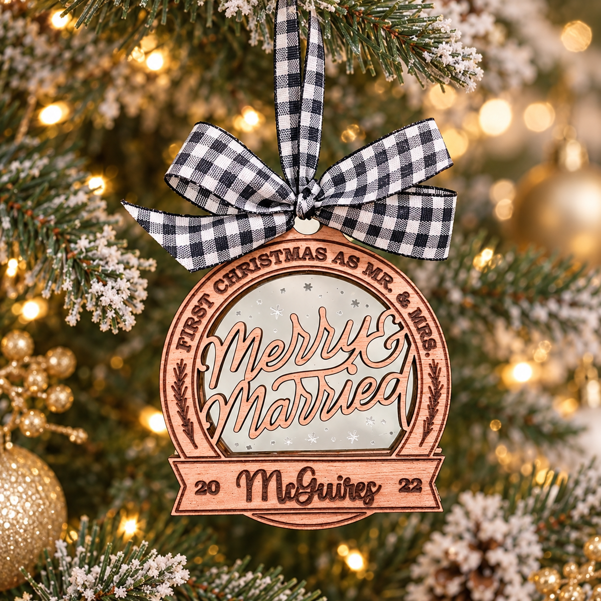 Personalized First Christmas as Mr. and Mrs. layered ornament hanging on a Christmas tree