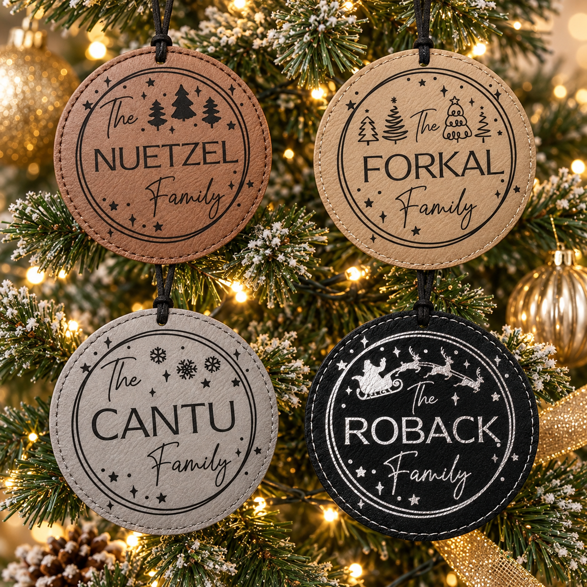 Personalized Family Name leatherette engraved ornaments