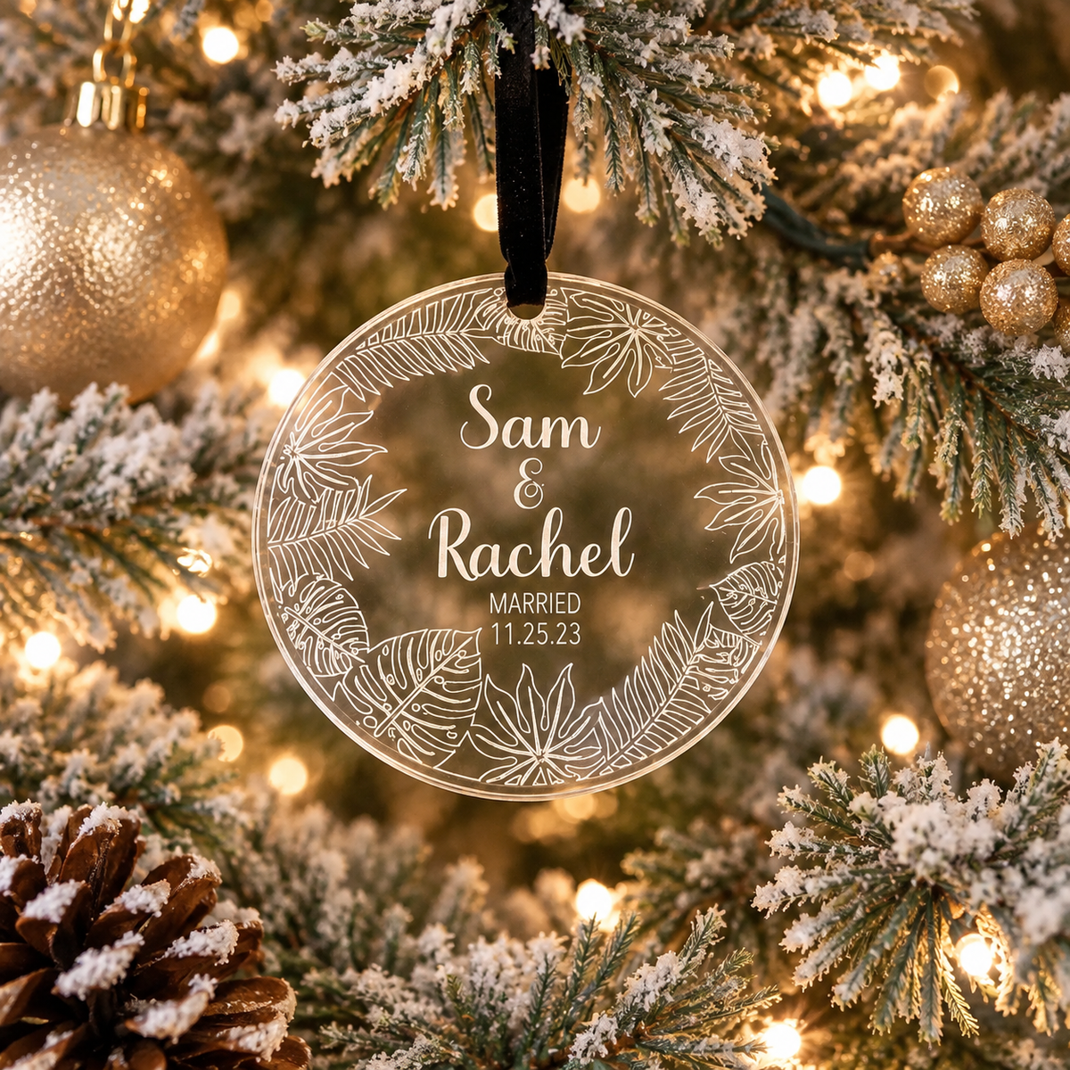 Custom Mr. & Mrs. Personalized wedding first Christmas engraved acrylic ornament tropical leaves and flowers