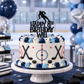 Personalized black acrylic hockey birthday cake topper displayed on a blue and white hockey-themed cake