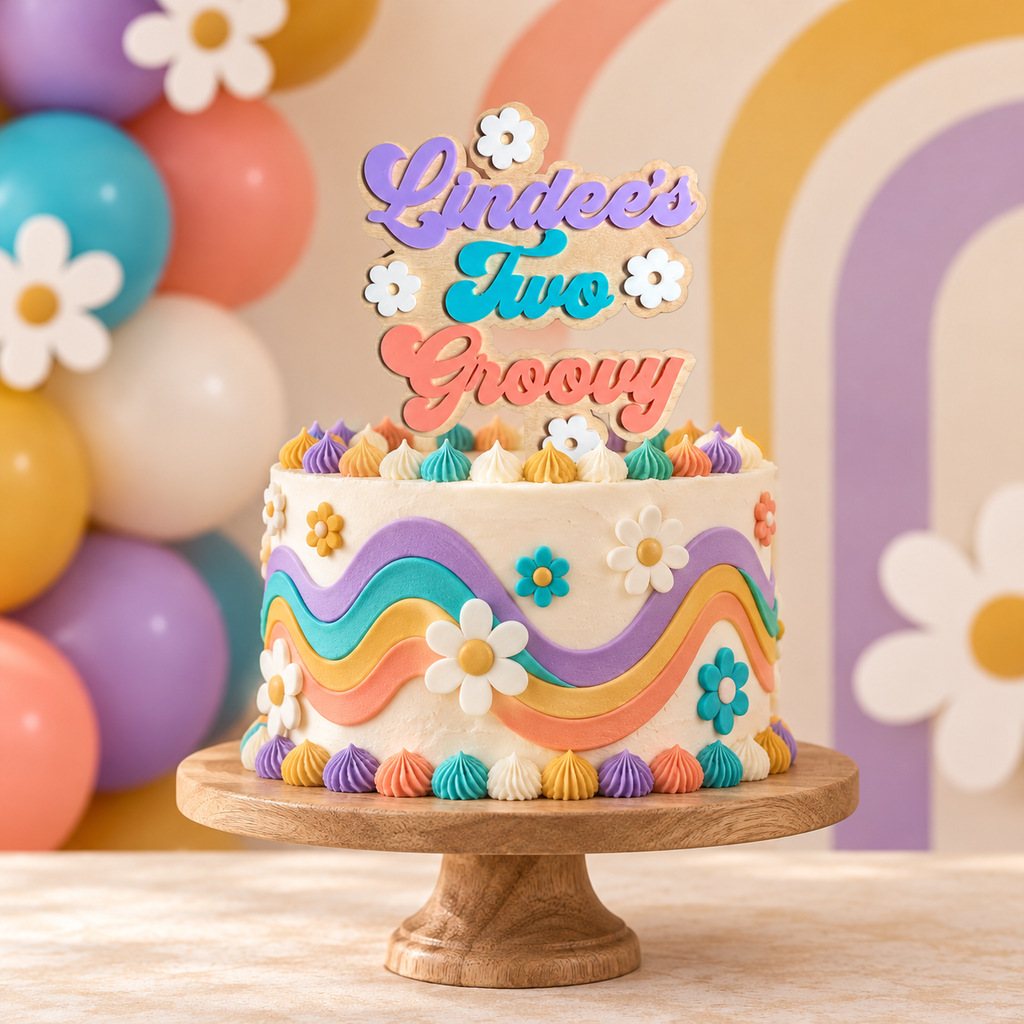 Personalized Two Groovy 2nd Birthday Wood & Acrylic Cake Topper