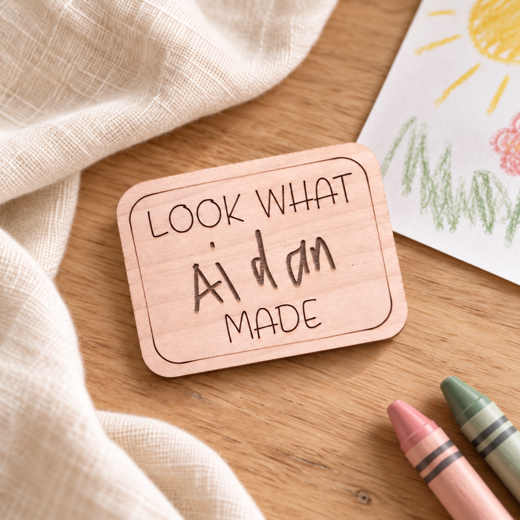 Personalized child handwriting wooden fridge magnet displayed with crayons and children’s artwork