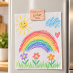 Personalized wooden Look What Aidan Made magnet holding a child’s artwork on a refrigerator