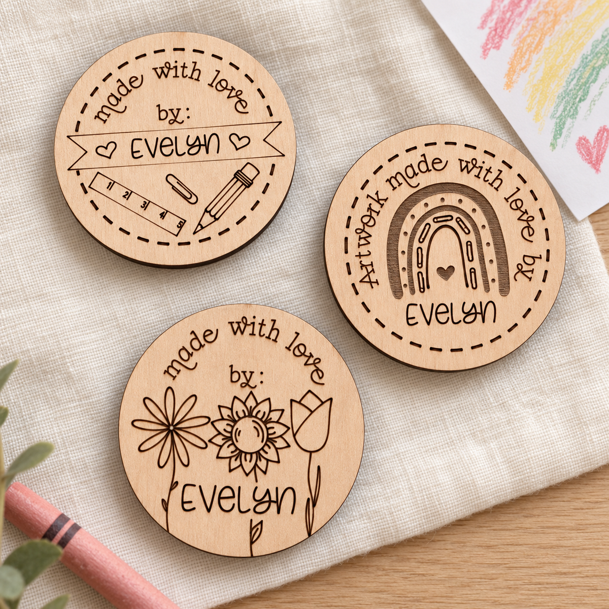 Set of three personalized flower, rainbow and art supply magnets