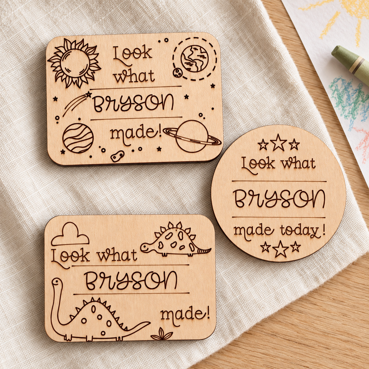 Set of three personalized dinosaur, space and stars artwork magnets