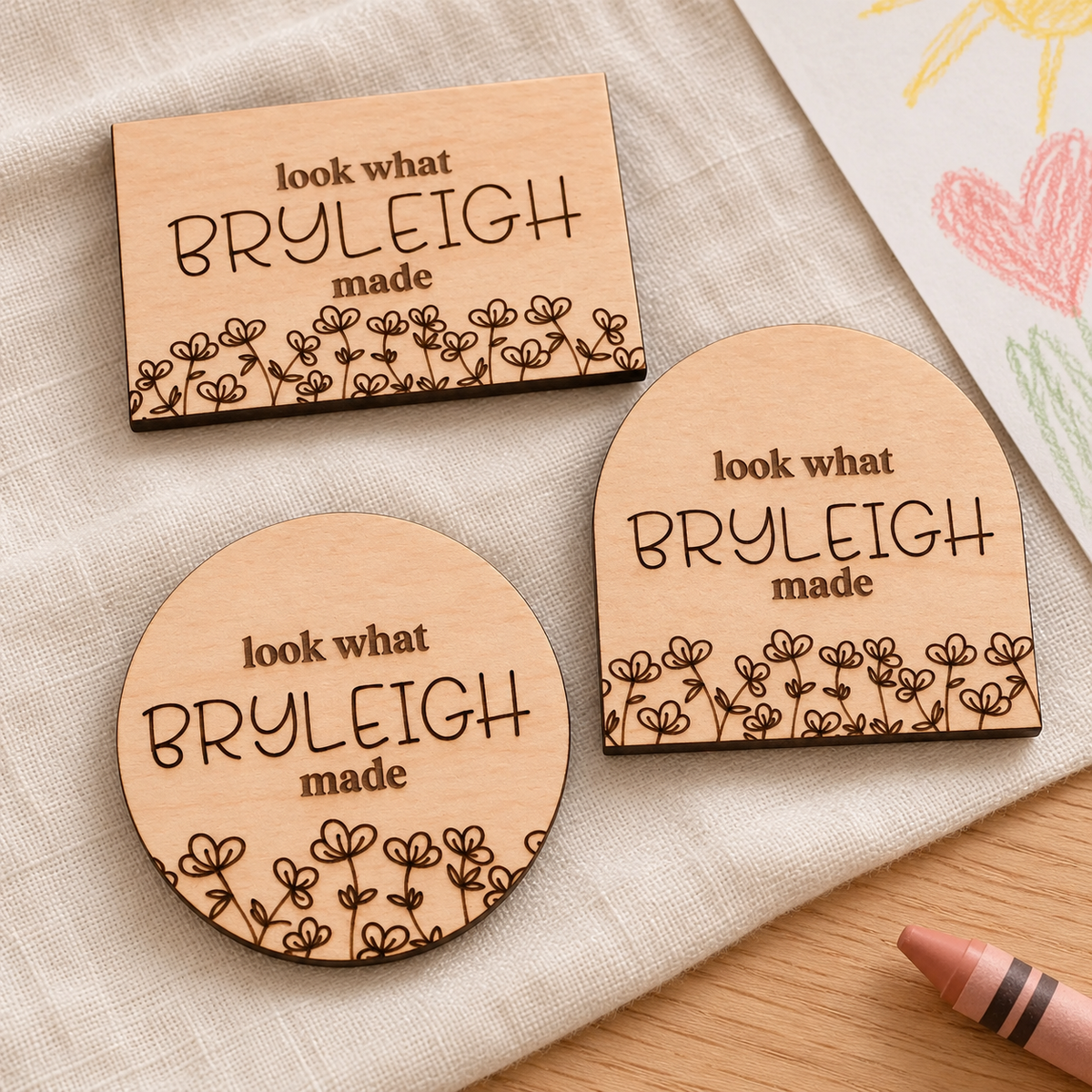 Set of three personalized wooden flower artwork magnets