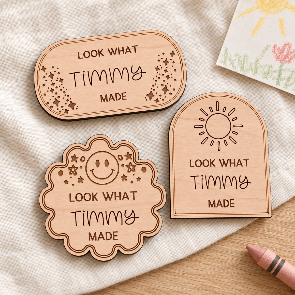 Set of three personalized sun, smiley face and stars artwork magnets