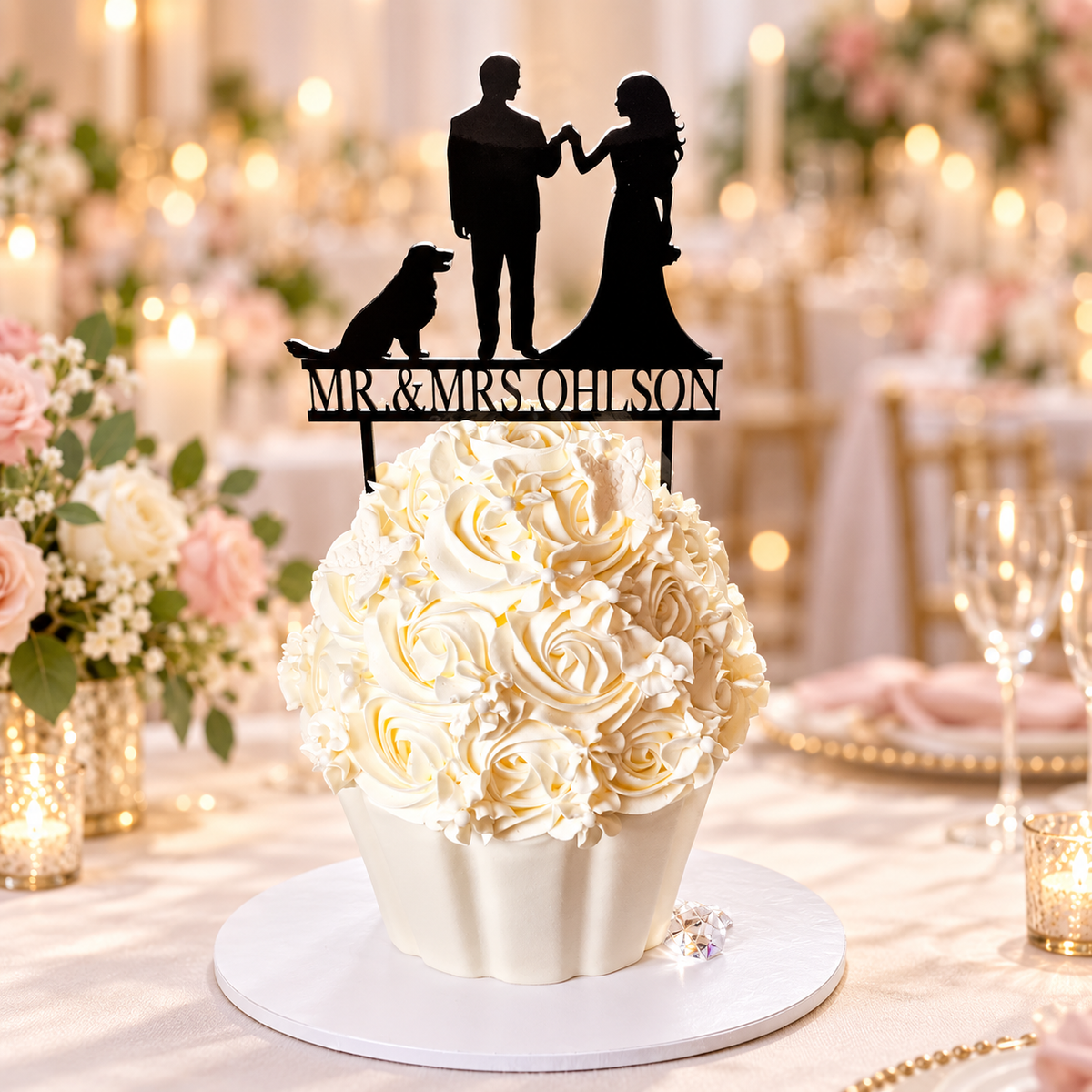 Ohlson couple-and-dog topper on the white floral cake