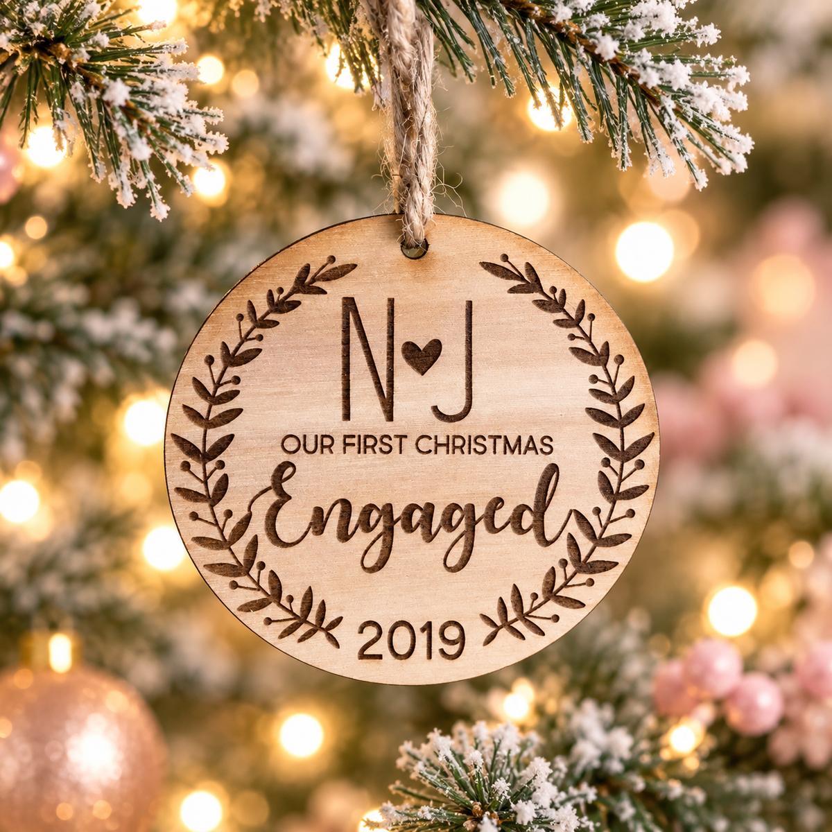 Personalized first Christmas engaged wood ornament hanging on a softly frosted Christmas tree