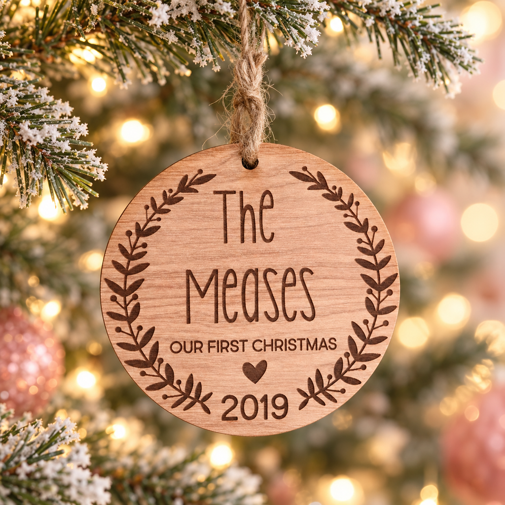 Personalized First Christmas Family Name Wood Ornament