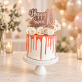 Personalized rose gold mirrored acrylic cake topper with custom Sweet 16 wording